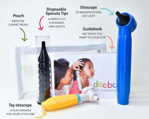 Deeboo otoscope set with components labeled on a white background