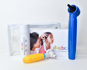 Deebo otoscope kit to check for early signs of ear infections. Includes education, a matching toy for the kid, and additional specula